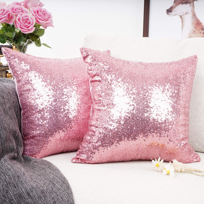 YOUR SMILE Pack of 2 New Luxury Series Pink Bling Decorative Glitzy Sequin & Comfy Satin Solid Throw Pillow Cover Cushion Case for Wedding/Christmas,18" x 18" - Image 2